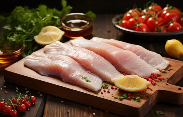 Fish, pieces, dish, cooking, AI art, neural network, fresh fish, fillet of fish