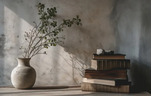 Light, wall, books, bouquet, vase, still life, grey background, ceramics