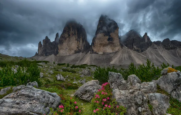 Landscape, mountains, clouds, nature, stones, vegetation, Italy, the bushes