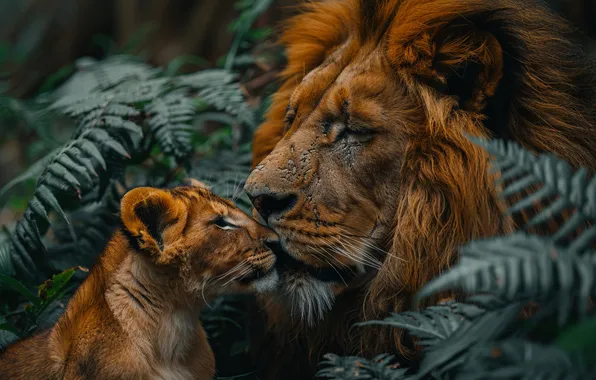 Kitty, Cub, Two, Lions, Digital art, Predators, Closeup, AI art
