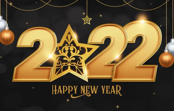 Balls, background, star, figures, New year, gold, 2022