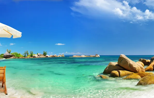 Picture sand, sea, beach, tropics, stones, palm trees, umbrella, coast, chairs, beach, coast, umbrella, sand, stones, …