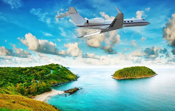 Picture sea, beach, tropics, The plane, flying over the island