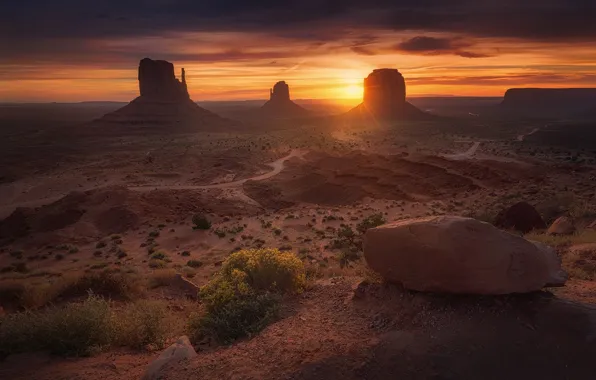 Picture the sun, mountains, rocks, USA, Monument valley