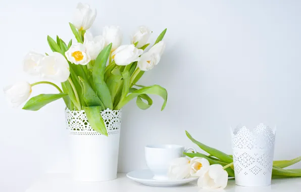 Leaves, flowers, spring, Cup, tulips, vase, white, saucer
