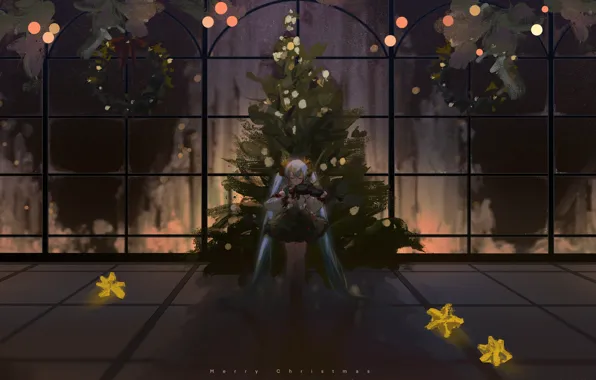 Girl, tree, Christmas, Hatsune Miku, Vocaloid, wreaths, plays the violin