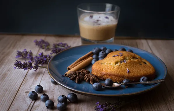 Picture coffee, blueberries, cinnamon, wood, cakes, lavender, cupcake, spices