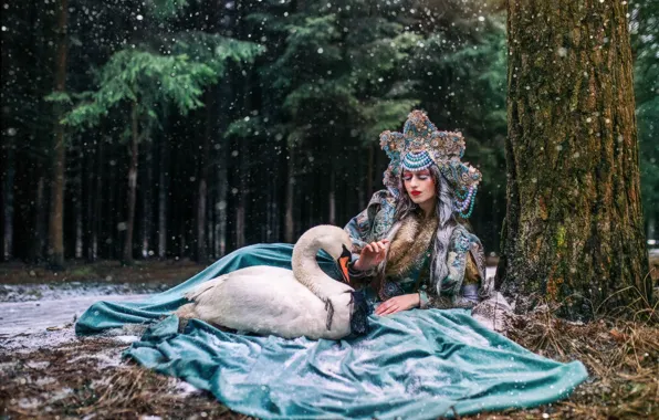 Girl, snow, pose, tree, bird, dress, Swan, kokoshnik