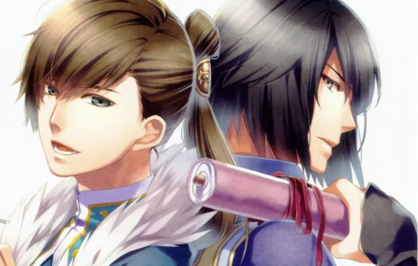 Friends, scroll, bangs, two guys, back to back, visual novel, chouun, sousou