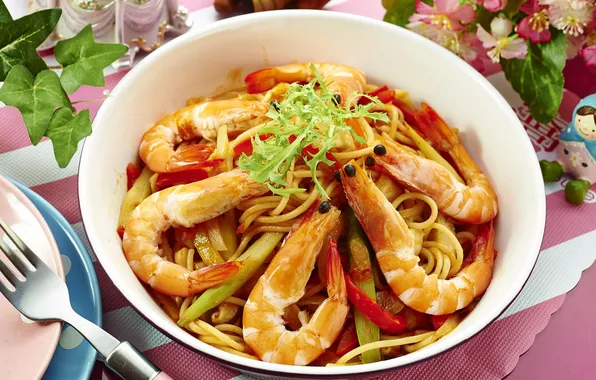 Picture vegetables, shrimp, pasta
