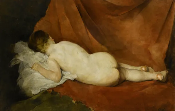 Picture girl, pillow, brown fabric, Charles Joshua Chaplin, Reclining Nude