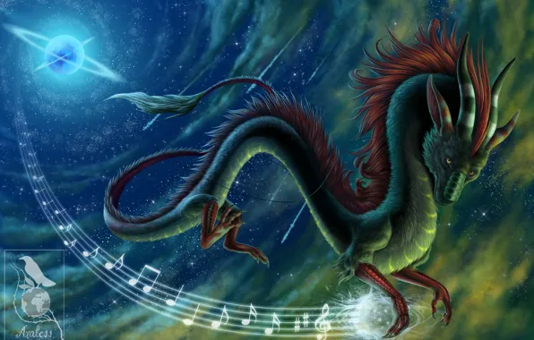 Stars, night, notes, music, dragon, Chinese dragon, Eastern dragon