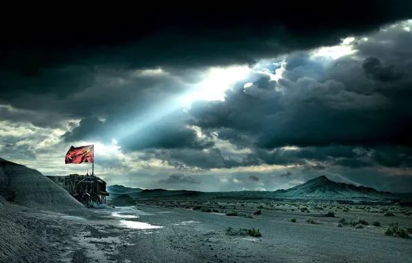 Clouds, light, mountains, flag