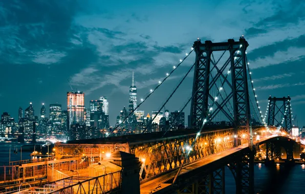 Picture light, night, bridge, the city, lights, USA, New York