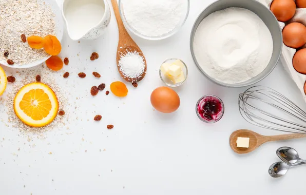 Eggs, white background, cereal, flour, raisins, whisk