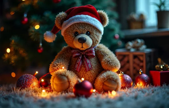 Balls, light, lights, carpet, toy, bear, window, Christmas