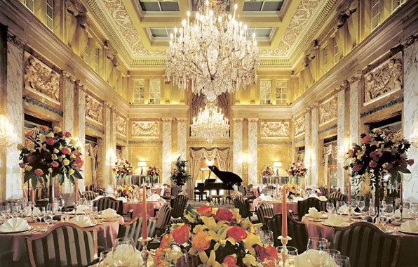 Interior, bouquet, candles, piano, tables, Chandelier