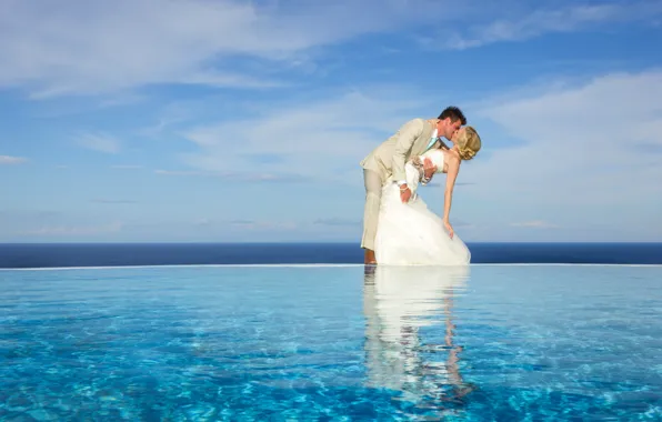 Sea, the sky, the sun, clouds, kiss, pool, horizon, pair