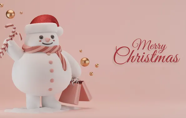 Balls, rendering, the inscription, Christmas, New year, snowman, pink background, packages