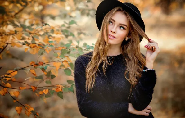 Autumn, leaves, branches, pose, portrait, hat, makeup, hairstyle