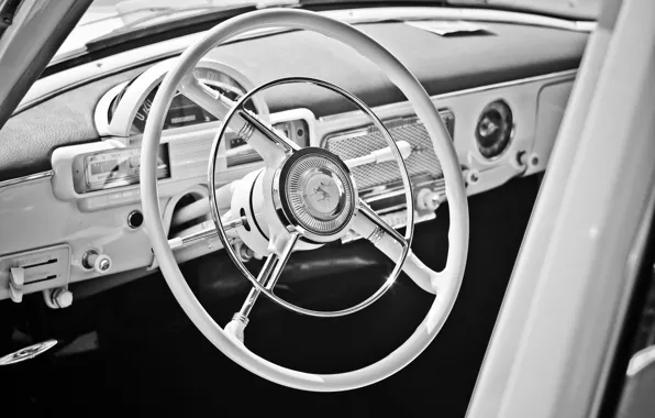Retro, black & white, the wheel, USSR, Volga, the interior of the car, GAZ-21