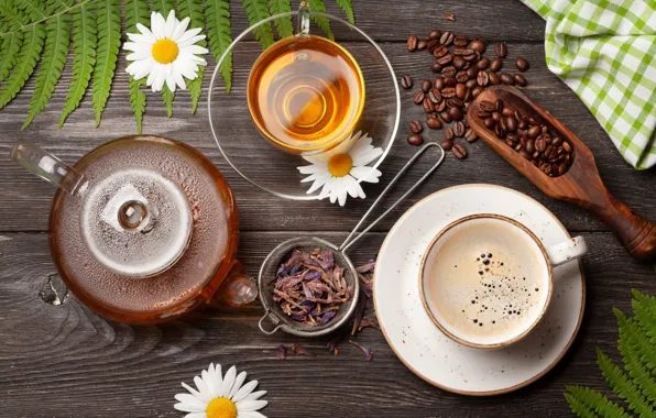 Glass, flowers, table, tea, Board, coffee, chamomile, towel
