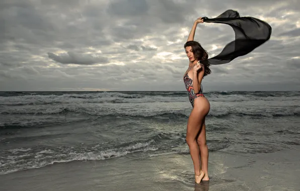 Sea, swimsuit, look, face, the wind, hair, figure, fabric