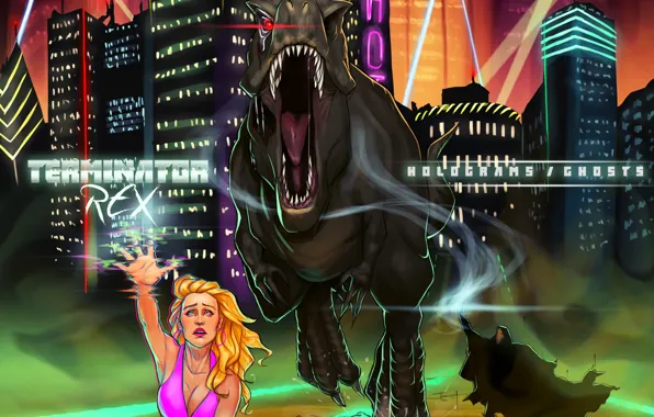 Rays, the city, woman, building, dinosaur, ghosts, holograms, terminator rex