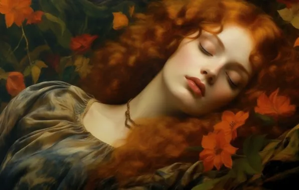 Girl, face, sleep, sleeping, lies, red, redhead, long hair