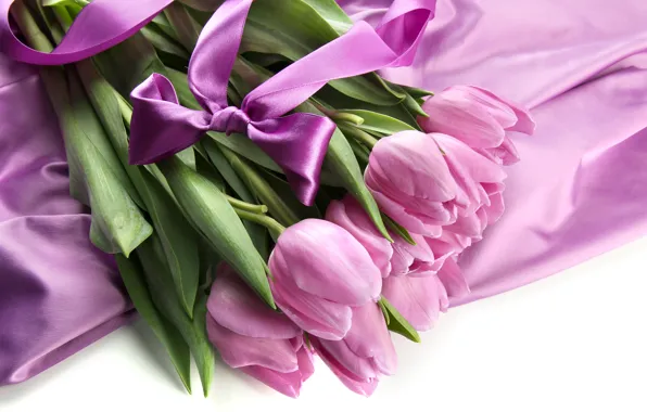Purple, bouquet, tulips, bow, ribbon