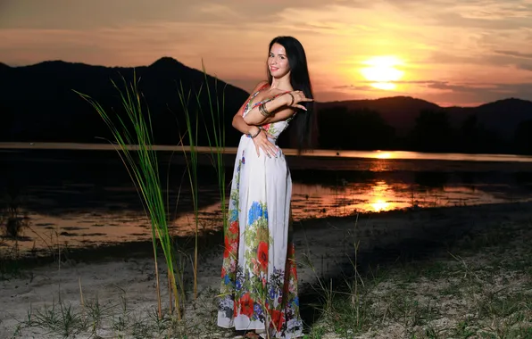 Dress, woman, sunset, young, beautiful, model, brunette, long-haired