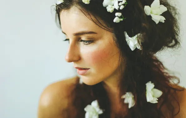 Girl, flowers, hair, petals, white