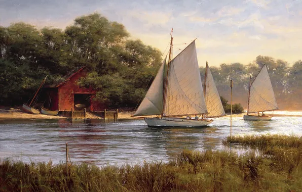 Picture lake, river, boats, sail, painting, boat house, By The Old Boat House, Don Demers