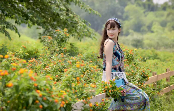 Girl, nature, face, the fence, Asian, sitting, dresses