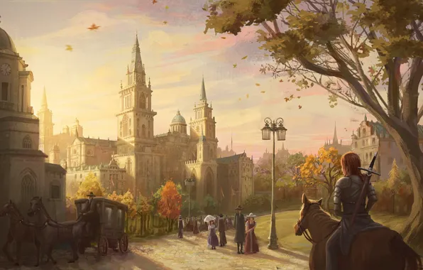 City, the city, people, armor, rider, coach, walk, armor