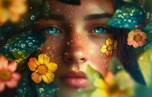 Picture girl, drops, flowers, AI art, neural network
