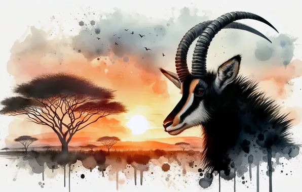 Look, face, paint, portrait, white background, horns, antelope, imitation of watercolor