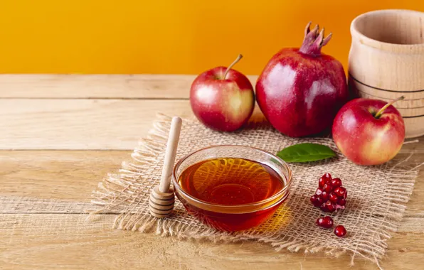 Table, apples, Board, honey, bowl, fruit, honey, orange background