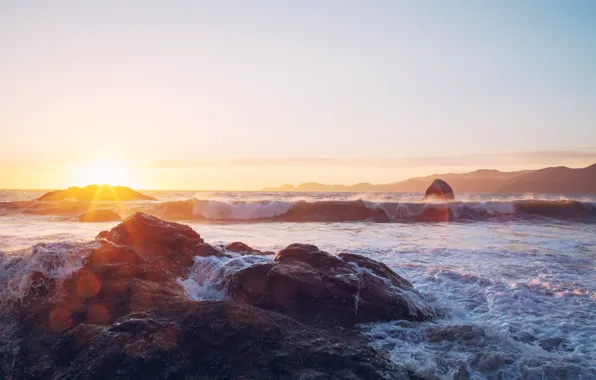 Sea, wave, sunset