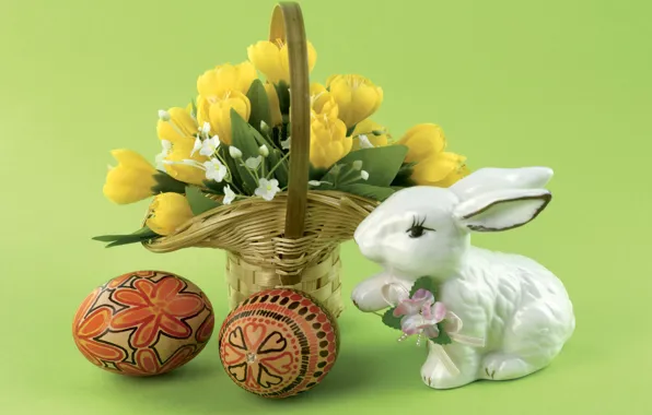 Flowers, eggs, rabbit, Easter, basket, Sunday, Pysanka