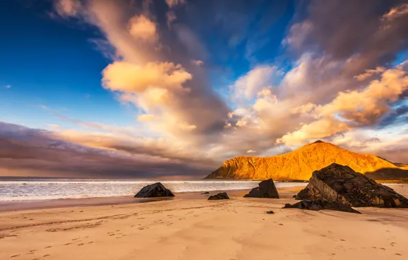 Sand, sea, beach, the sky, clouds, landscape, mountains, traces