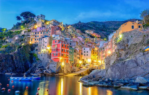 Sea, light, the city, lights, blue, shore, coast, building