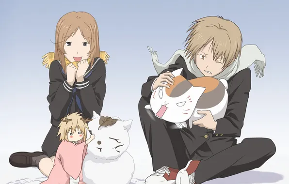 Picture cat, girl, anime, art, snowman, guy, madara, natsume yuujinchou