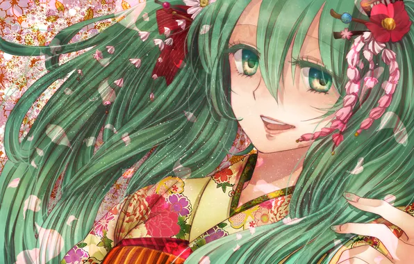 Picture girl, flowers, art, kimono, Hatsune Miku, Vocaloid, Vocaloid