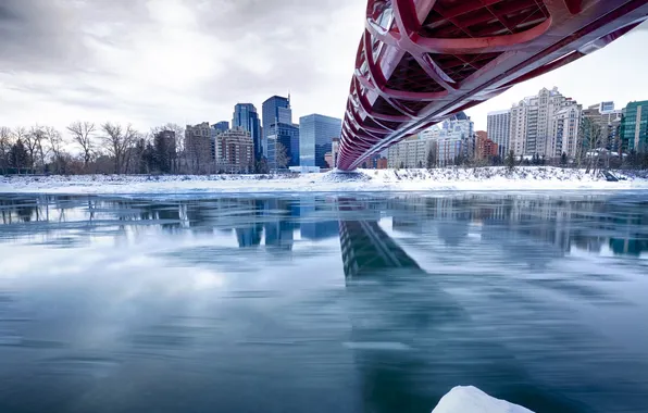 Winter, bridge, river, home, Canada, Calgary