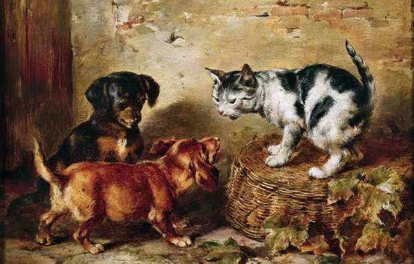 Puppies, Picture, Dogs, Kitty, Three, Carl Reichert, Carl Reichert, Austrian painter
