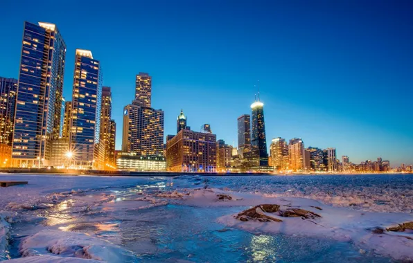 Picture winter, ice, Bay, Chicago, night city, Chicago, skyscrapers