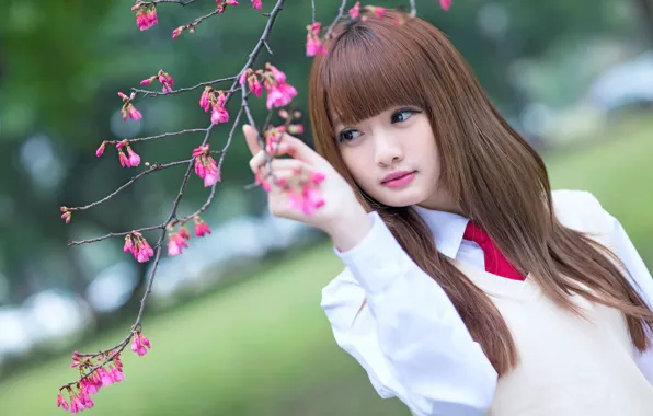 Summer, eyes, look, girl, face, hair, branch, lips