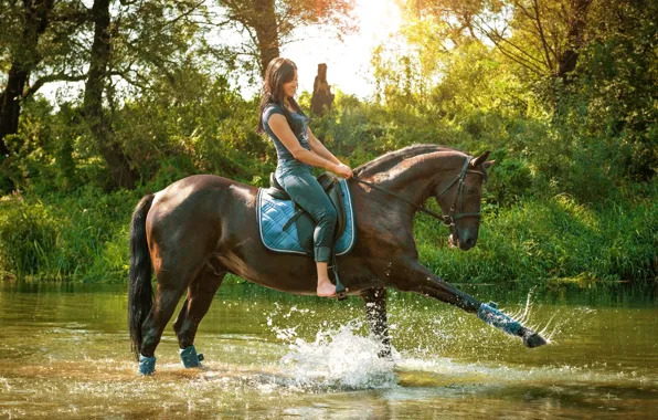 Picture grass, water, girl, the sun, trees, squirt, nature, horse