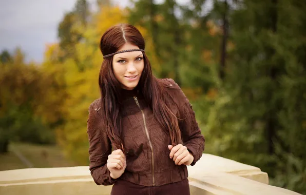 Picture Girl, Autumn, Forest, Balcony, girl, Jacket, Beautiful, Wood